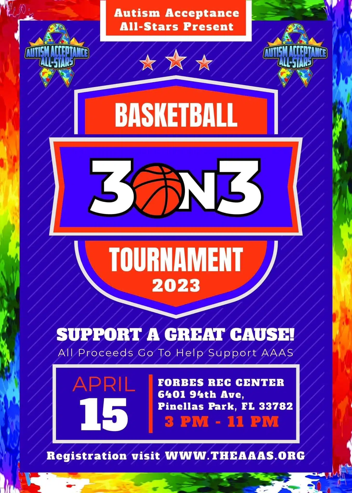 Flyer for 3 on 3 Tournament on April 15th 2023